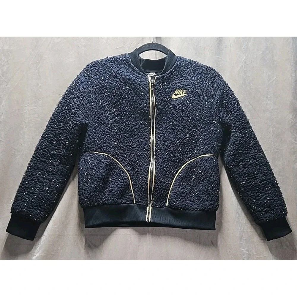 Nike Girls Sherpa Tinsel Jacket Black Gold Sz XL Loose Fit Full Zip Swoosh Logo